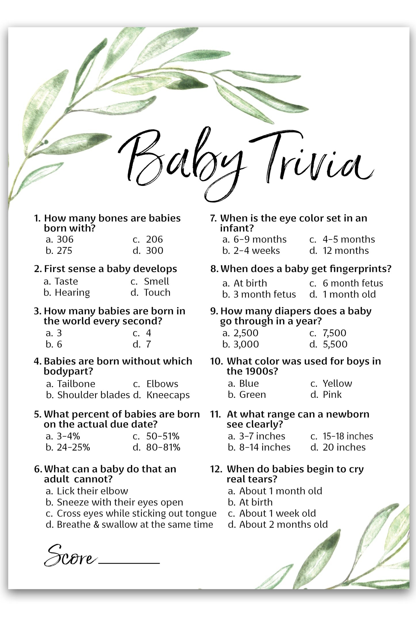 Greenery Baby Shower Game - Baby Trivia • SET of 25