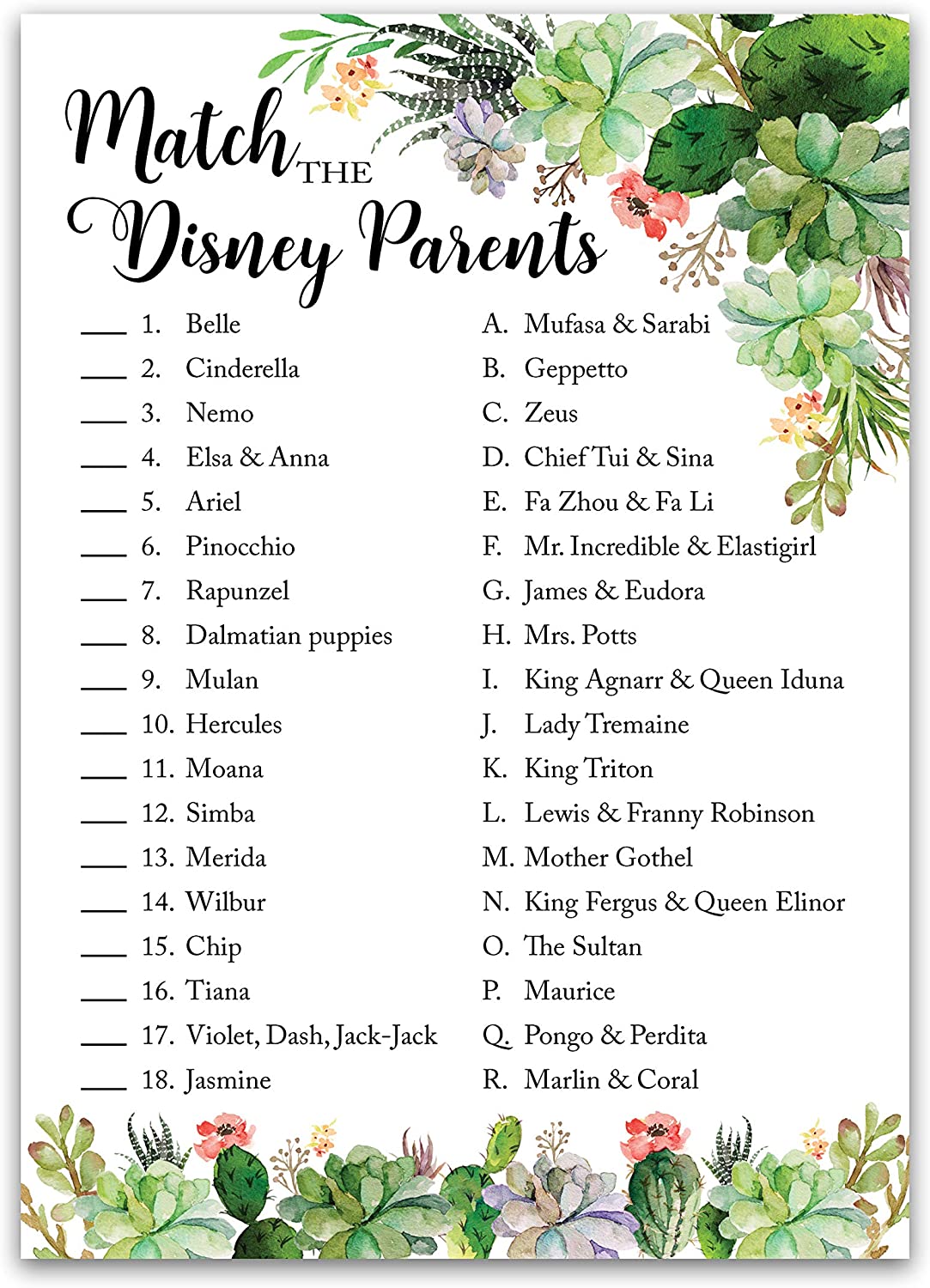 Floral Green Succulents Baby Shower Game - Disney Parent Match • SET of 25