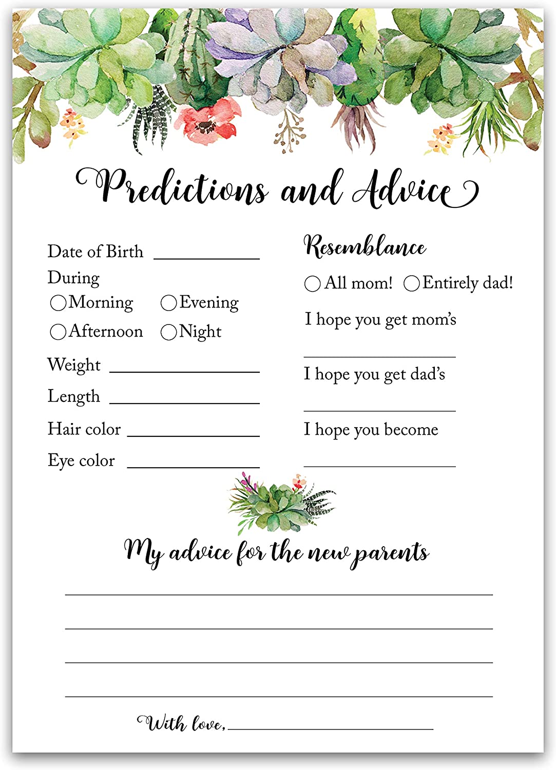 Floral Green Succulents Baby Shower Game - Predictions & Advice For New Parents • SET of 25