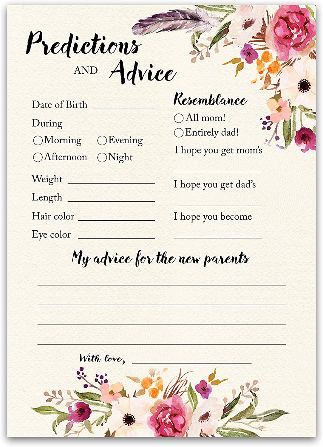 Floral Bohemian Baby Shower Game - Predictions & Advice Cards • SET of 25