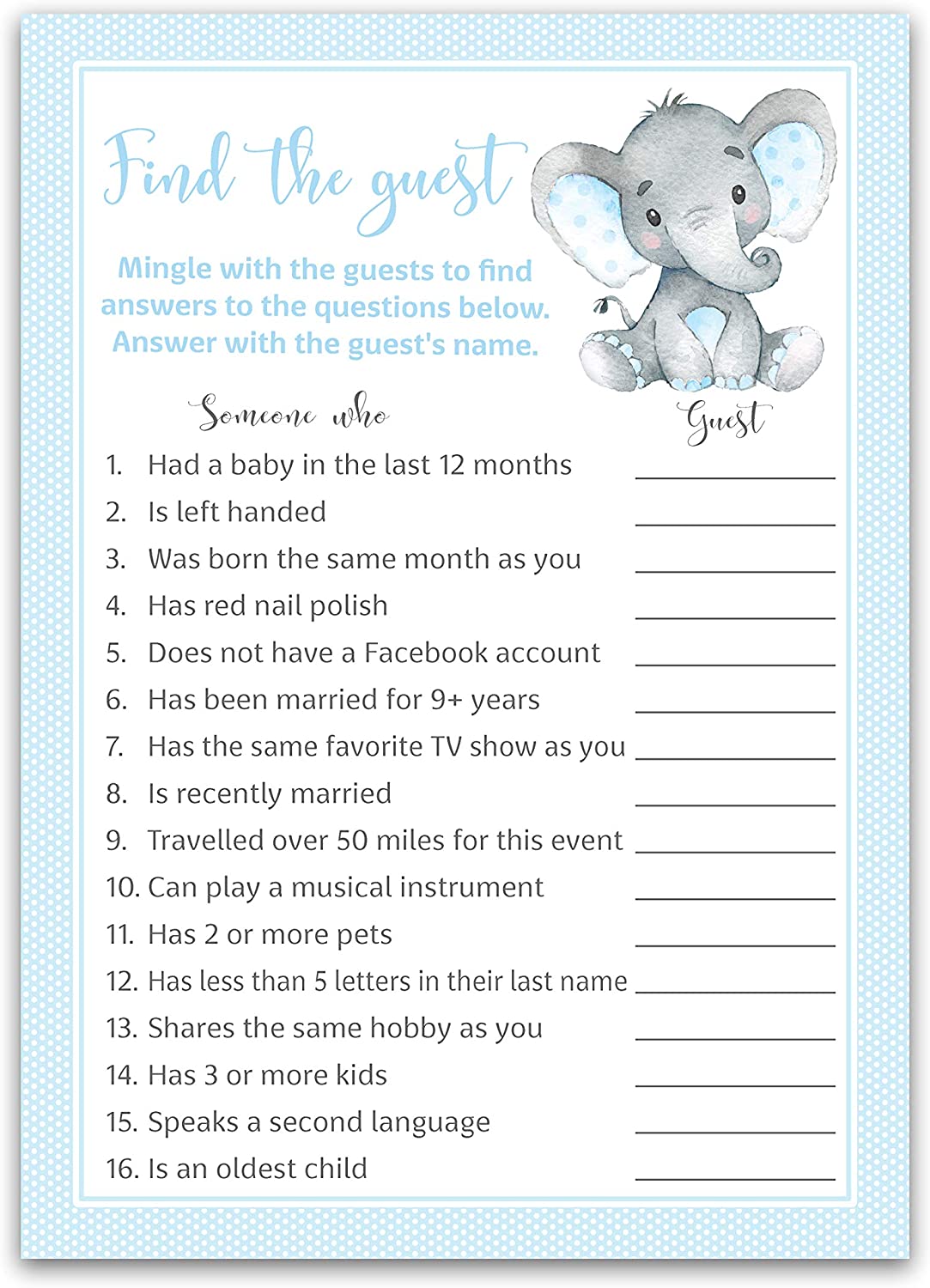 Blue Elephant Baby Shower Game - Find The Guest • SET of 25