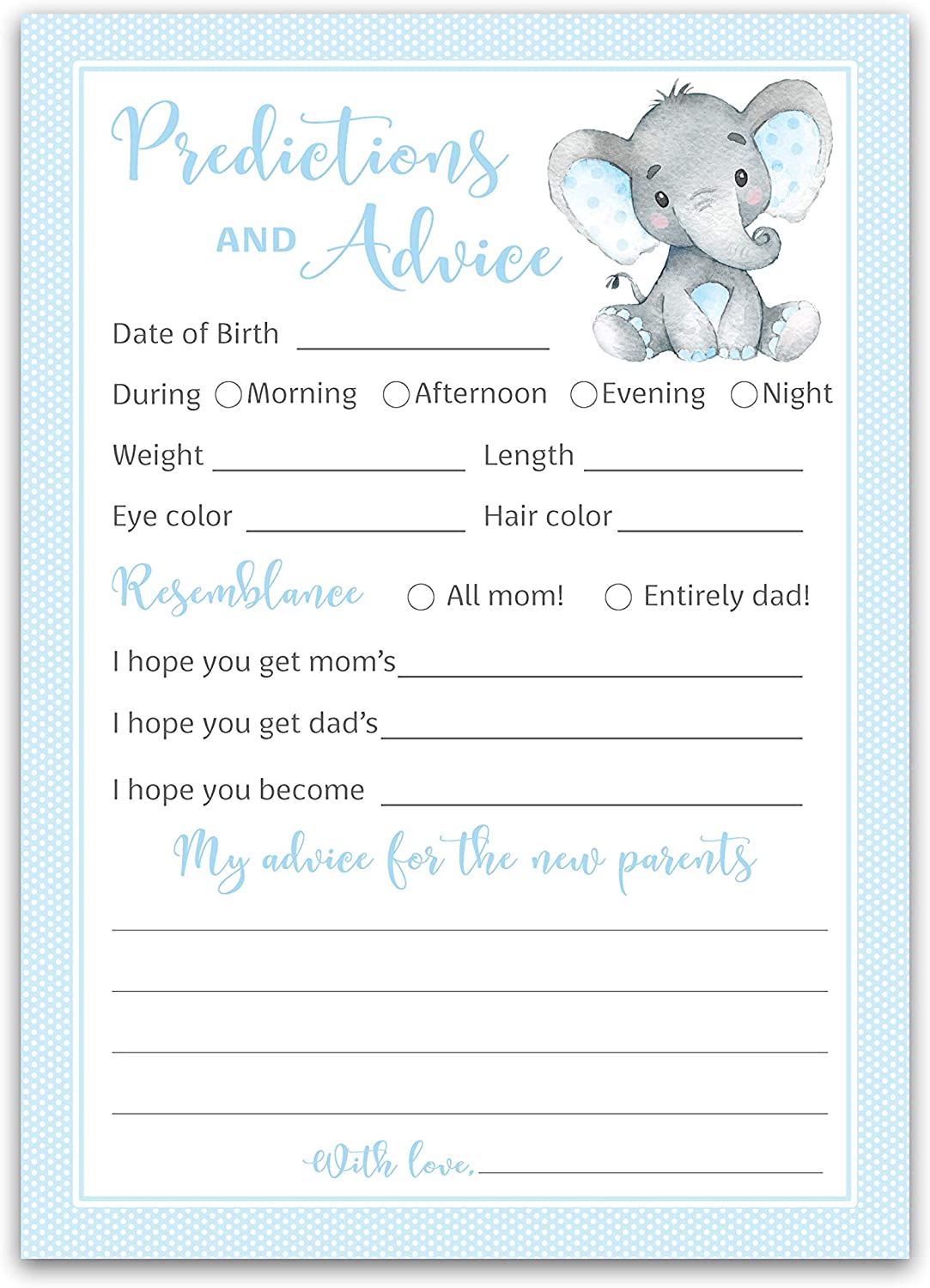 Blue Elephant Baby Shower Game - Predictions & Advice Cards • SET of 25
