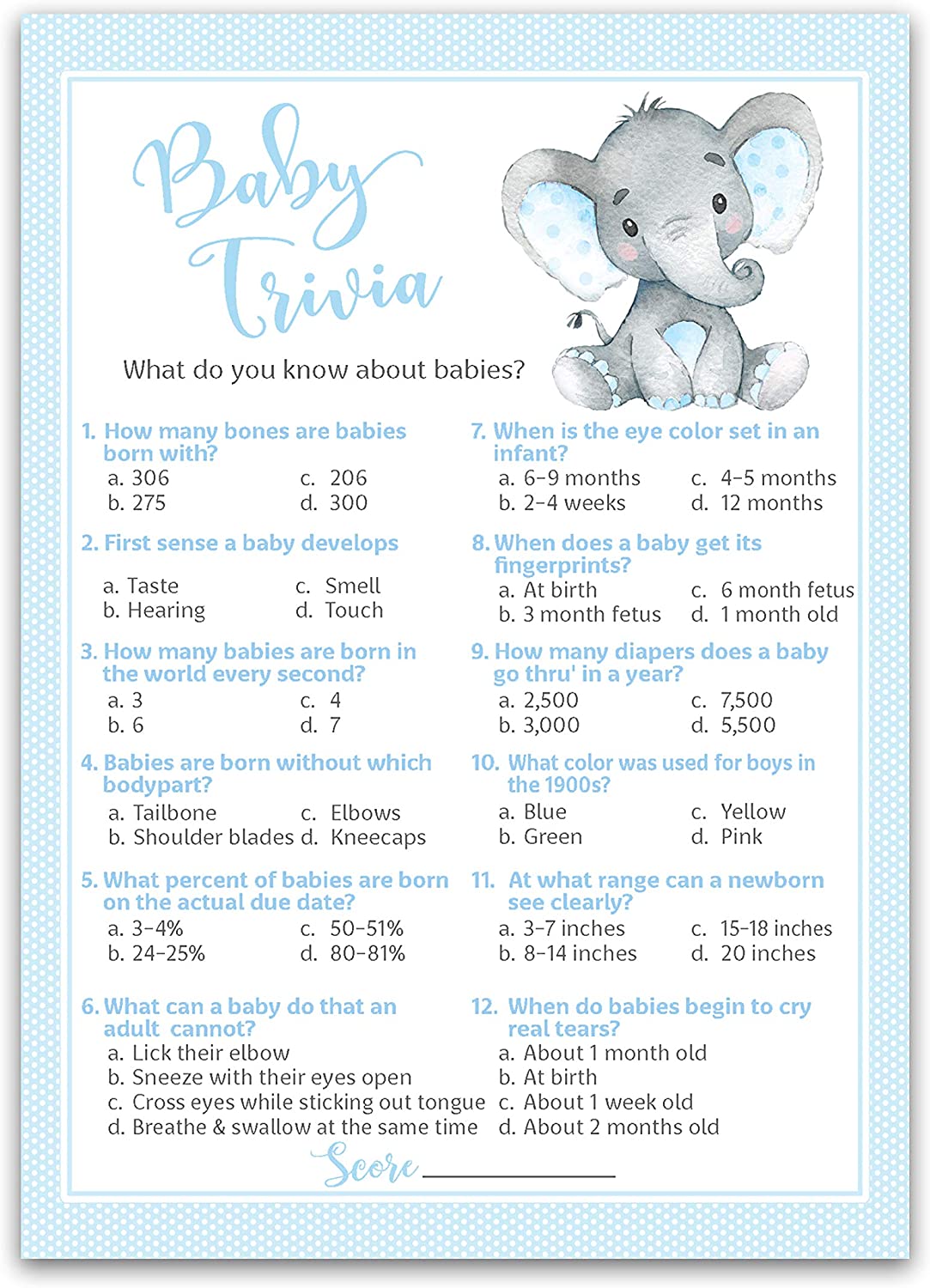 Boy Baby Shower Trivia Game – Blue Elephant – Fun Facts – 25 Pack