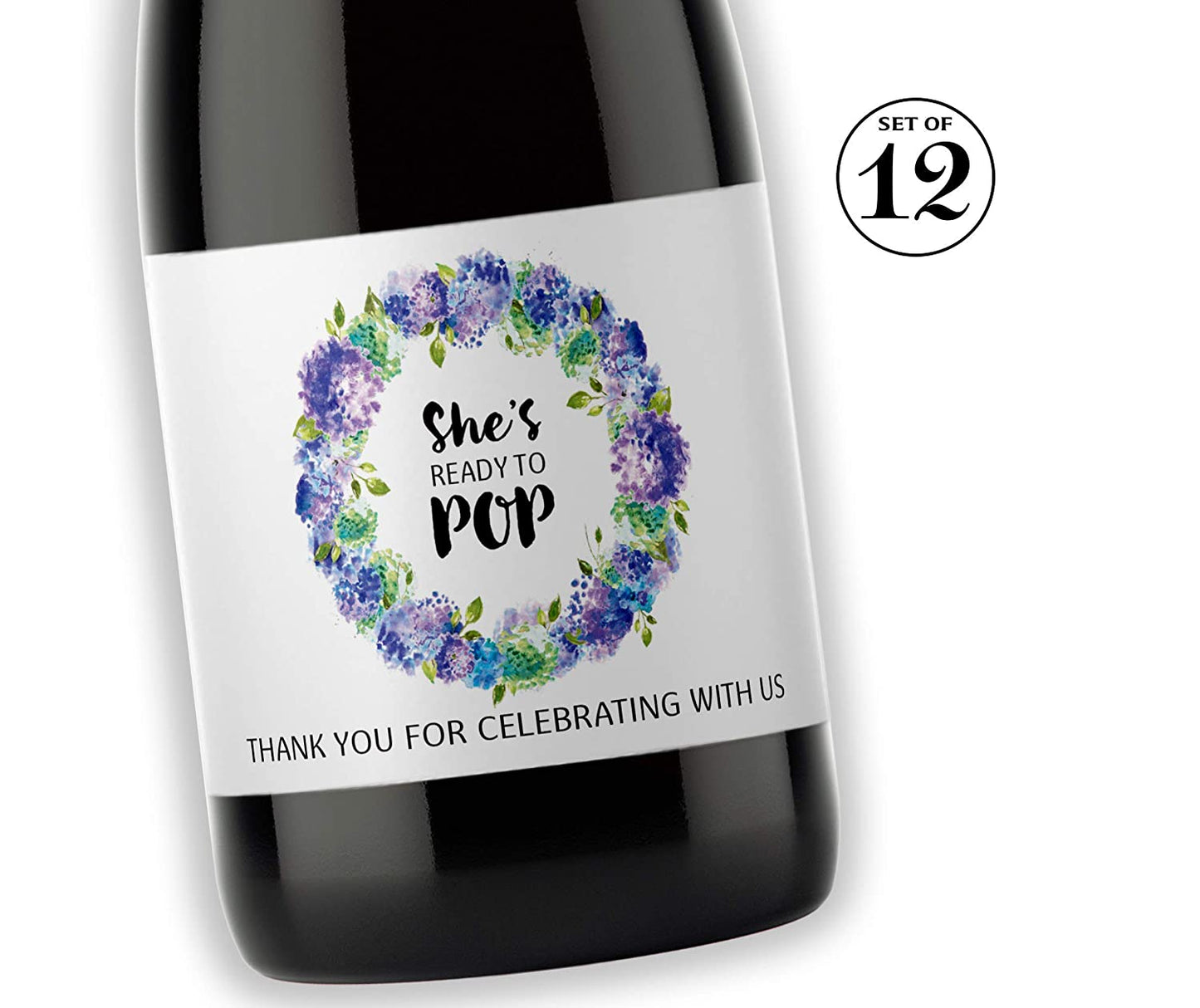 She's Ready To Pop • Blue Baby Shower Mini Champagne Labels • SET of 12