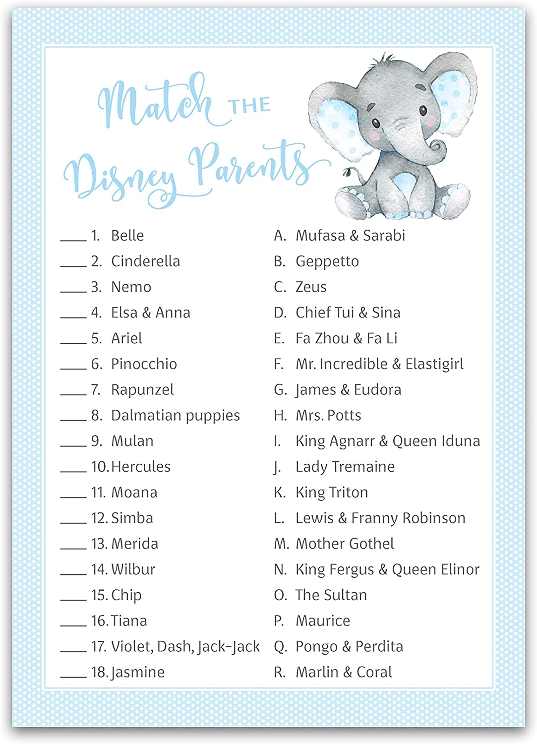 Blue Elephant Baby Shower Game - Disney Parent Match • SET of 25