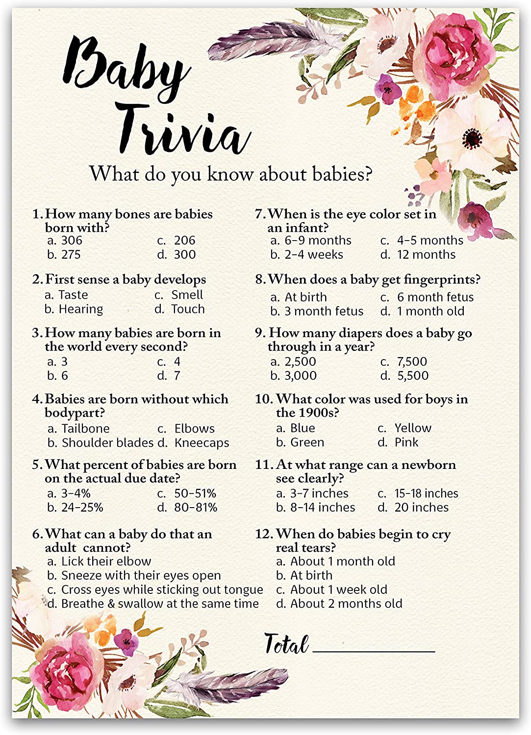 Floral Bohemian Baby Shower Game - Baby Trivia • SET of 25