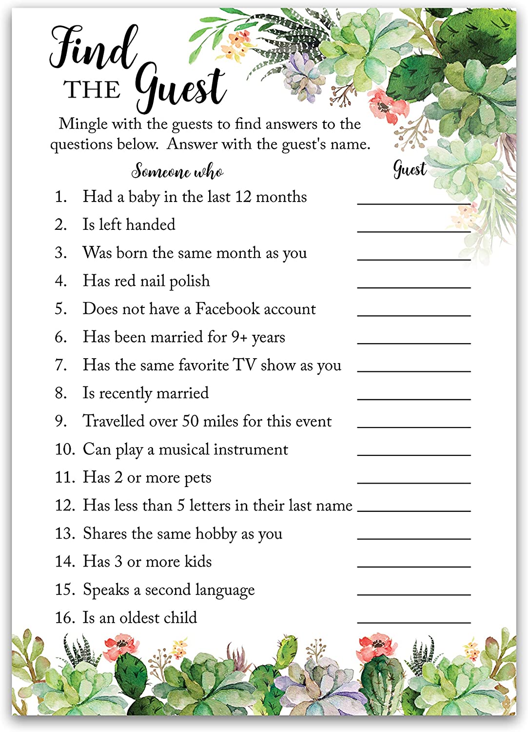 Floral Green Succulents Baby Shower Game - Find The Guest • SET of 25