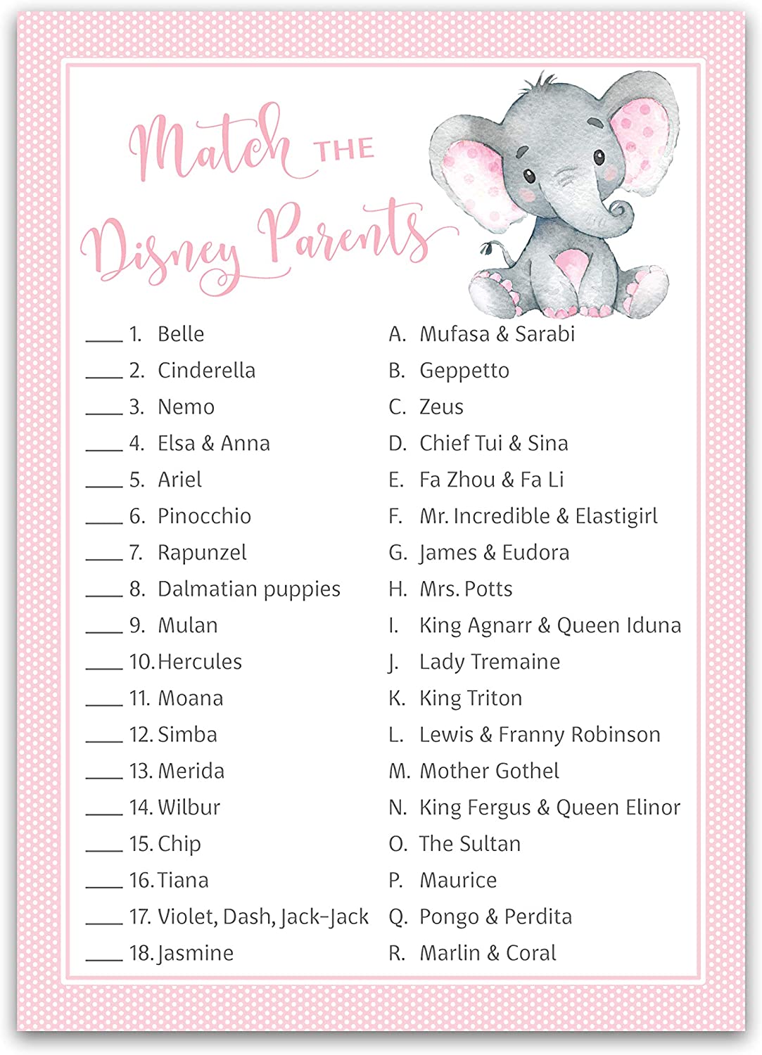 Cartoon Parent Match Baby Shower Game – Pink Elephant Theme – 25