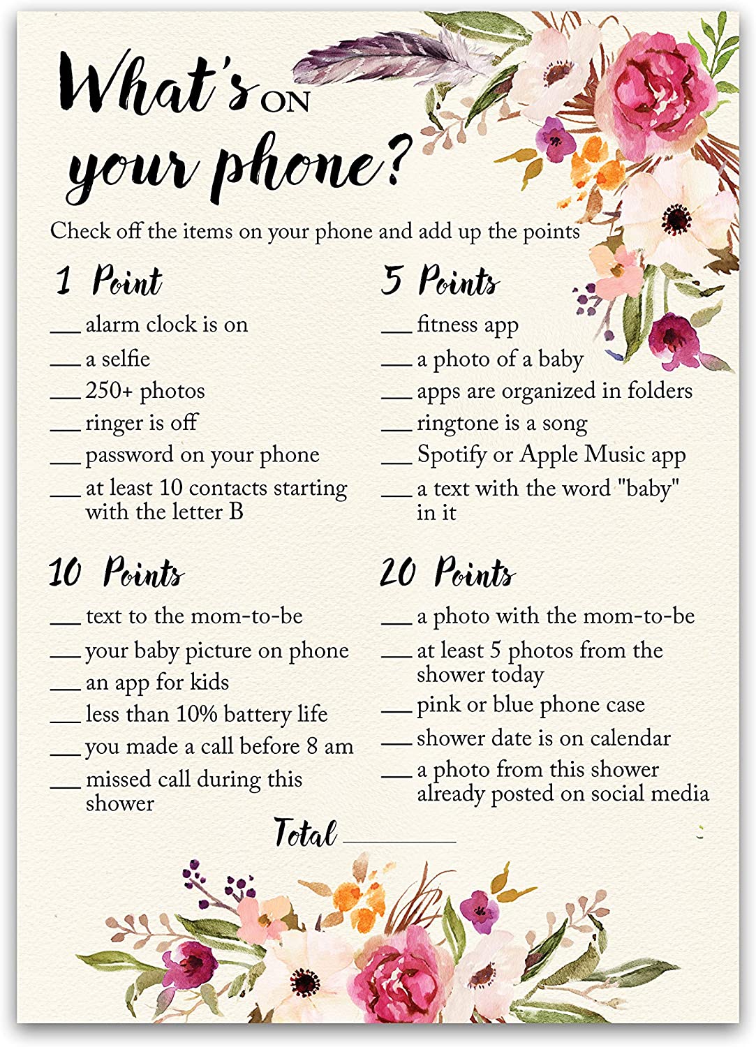 Floral Bohemian Baby Shower Game - What's On Your Phone • SET of 25