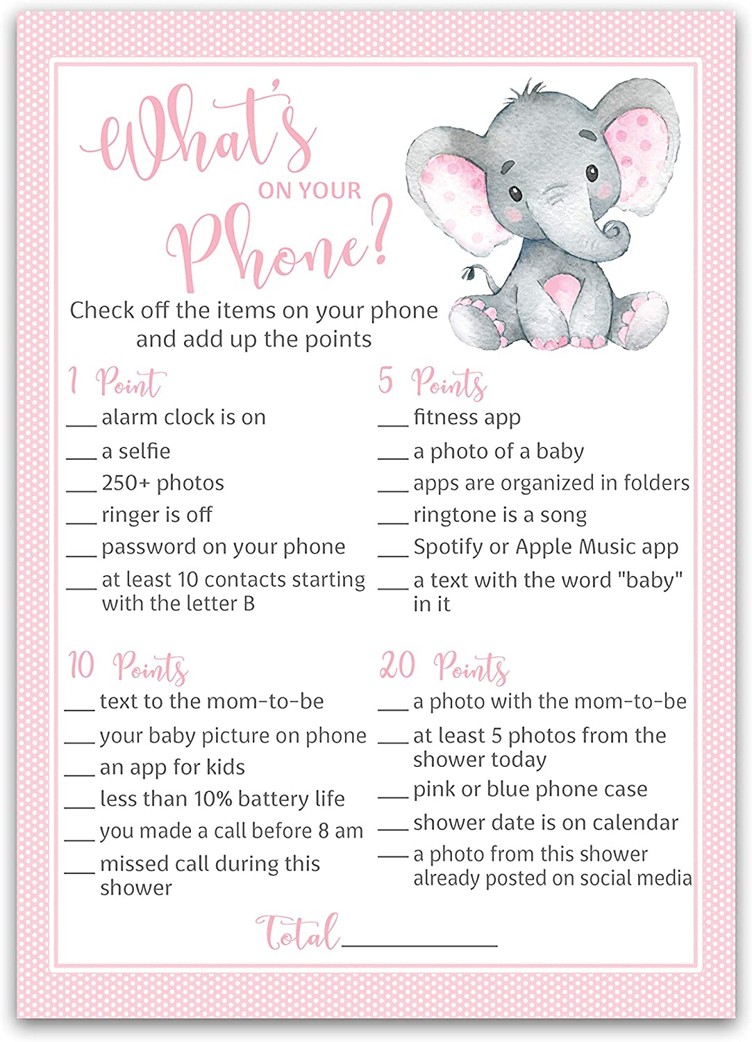 Pink Elephant Baby Shower Game - What's On Your Phone • SET of 25