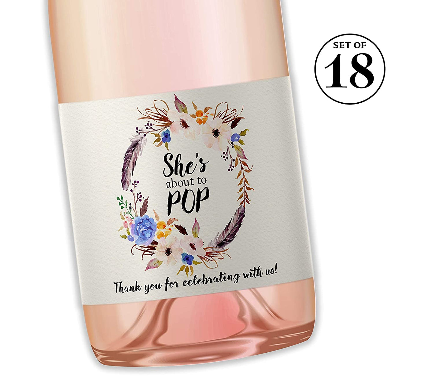 She's Ready To Pop • Bohemian Blue Baby Shower Mini Champagne Labels • SET of 18