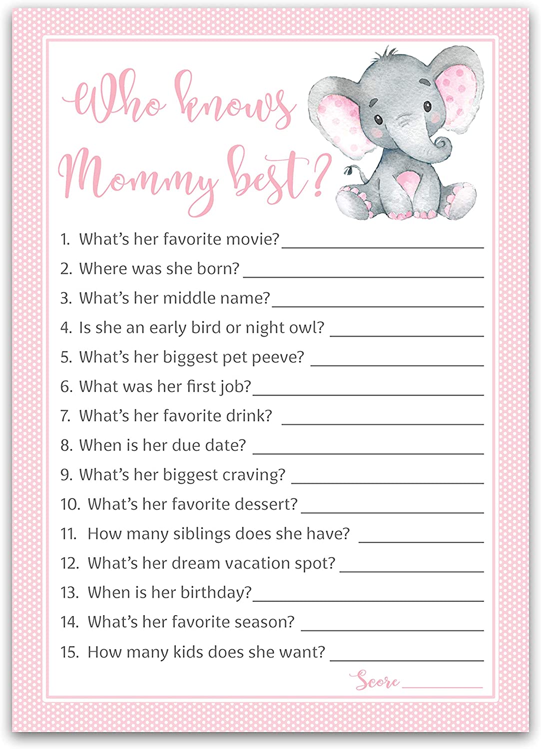 Pink Elephant Baby Shower Game - Who Knows Mommy Best • SET of 25