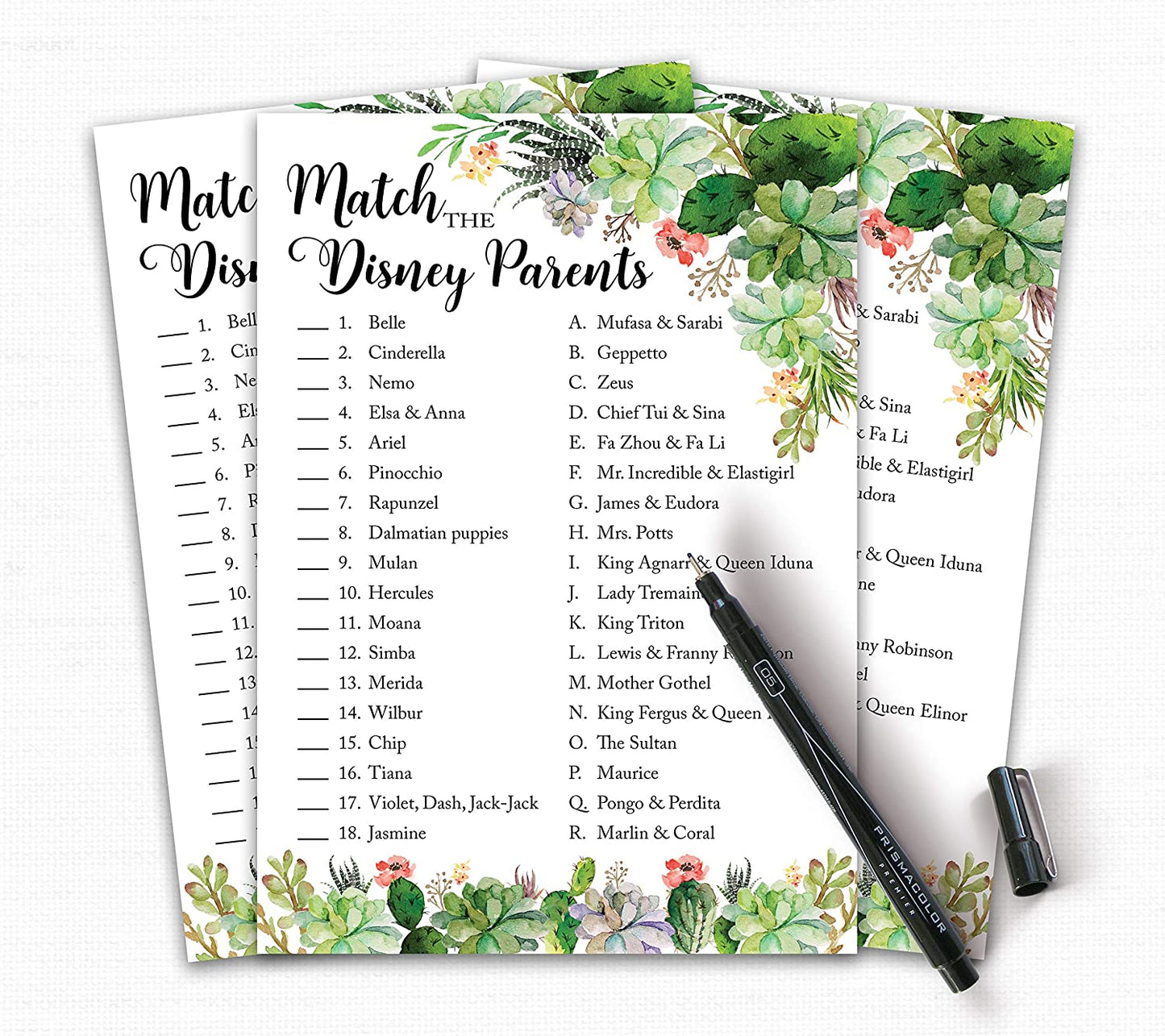 Floral Green Succulents Baby Shower Game - Disney Parent Match • SET of 25