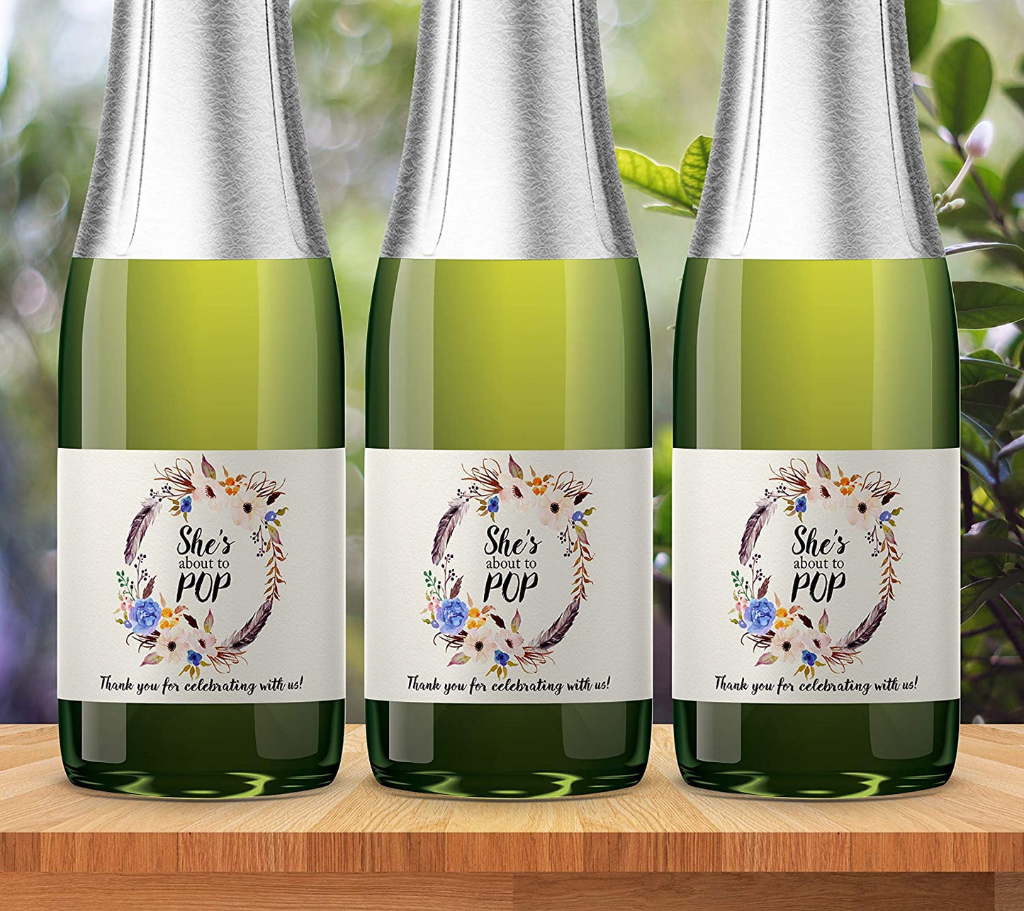 She's Ready To Pop • Bohemian Blue Baby Shower Mini Champagne Labels • SET of 18