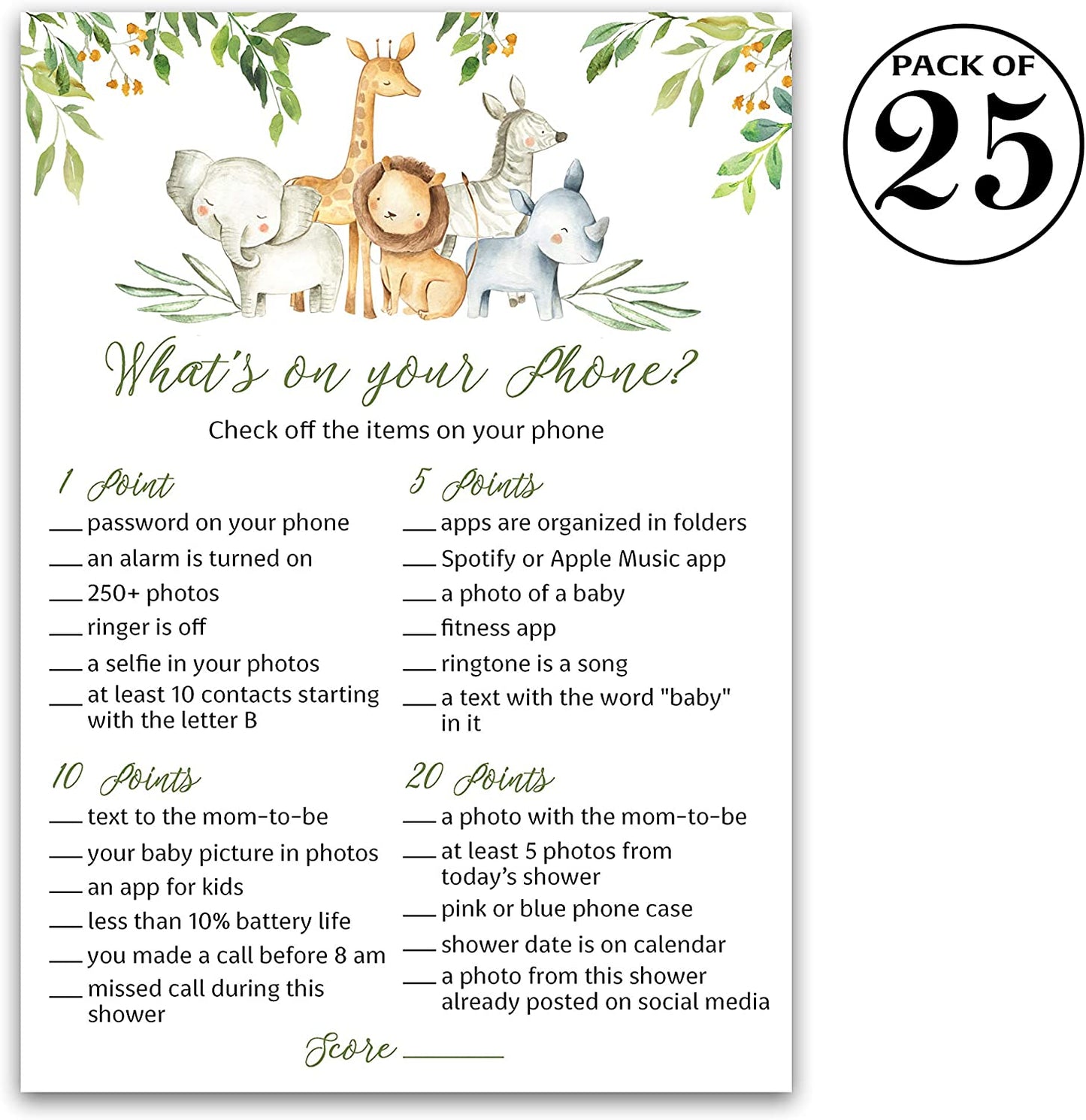 Safari Animals Baby Shower Game - What's On Your Phone • SET of 25