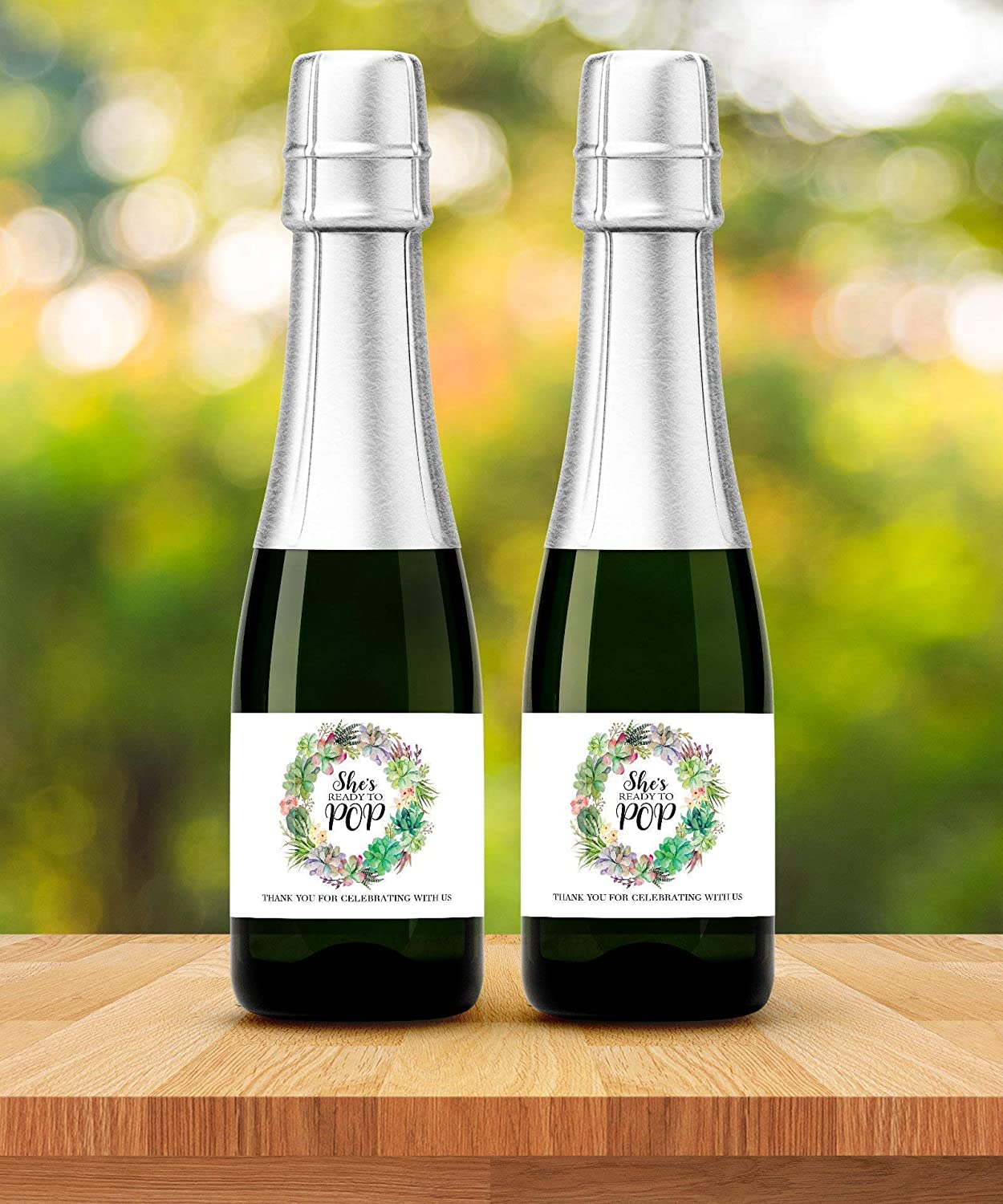 She's Ready To Pop • Succulents Baby Shower Mini Champagne Labels • SET of 12