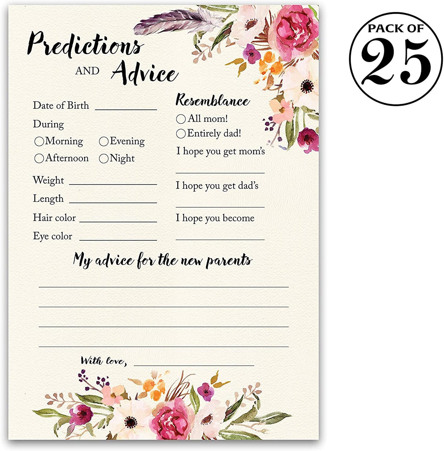 Floral Bohemian Baby Shower Game - Predictions & Advice Cards • SET of 25