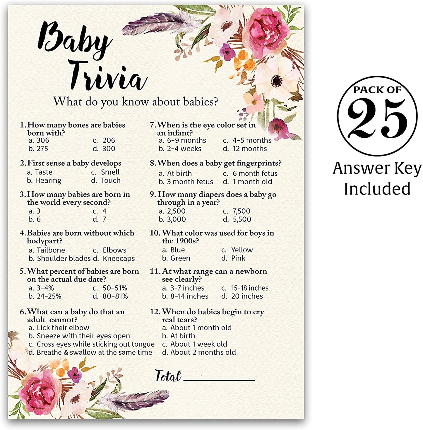 Floral Bohemian Baby Shower Game - Baby Trivia • SET of 25