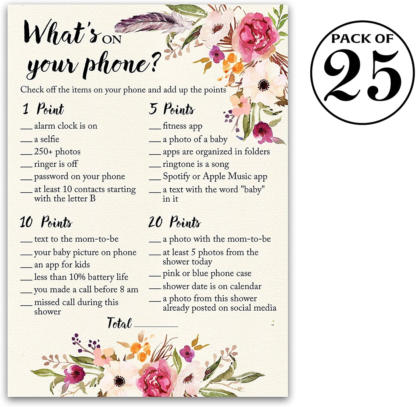 Floral Bohemian Baby Shower Game - What's On Your Phone • SET of 25