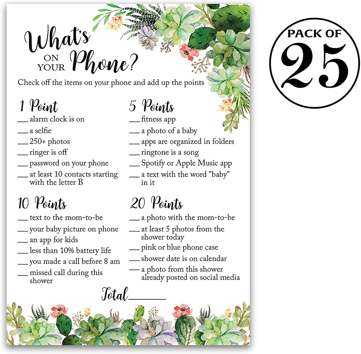 Floral Green Succulents Baby Shower Game - What's On Your Phone • SET of 25