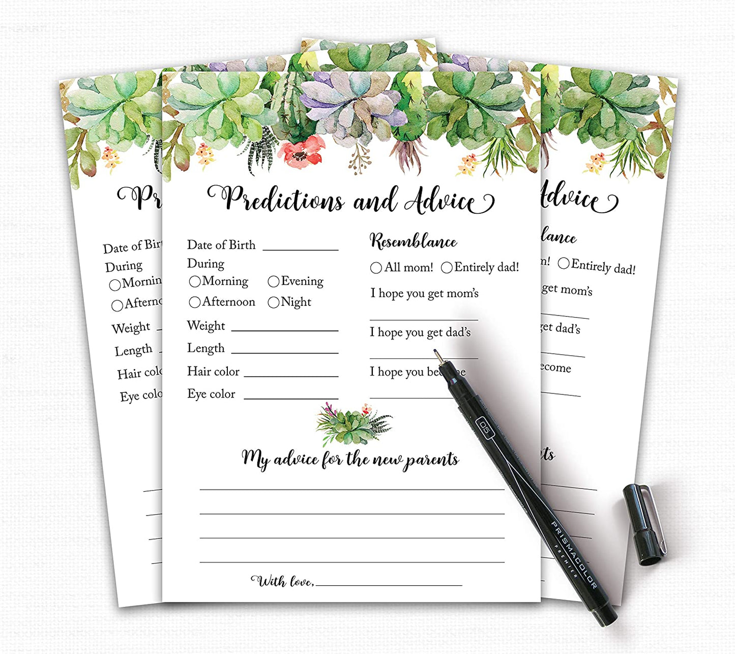 Floral Green Succulents Baby Shower Game - Predictions & Advice For New Parents • SET of 25
