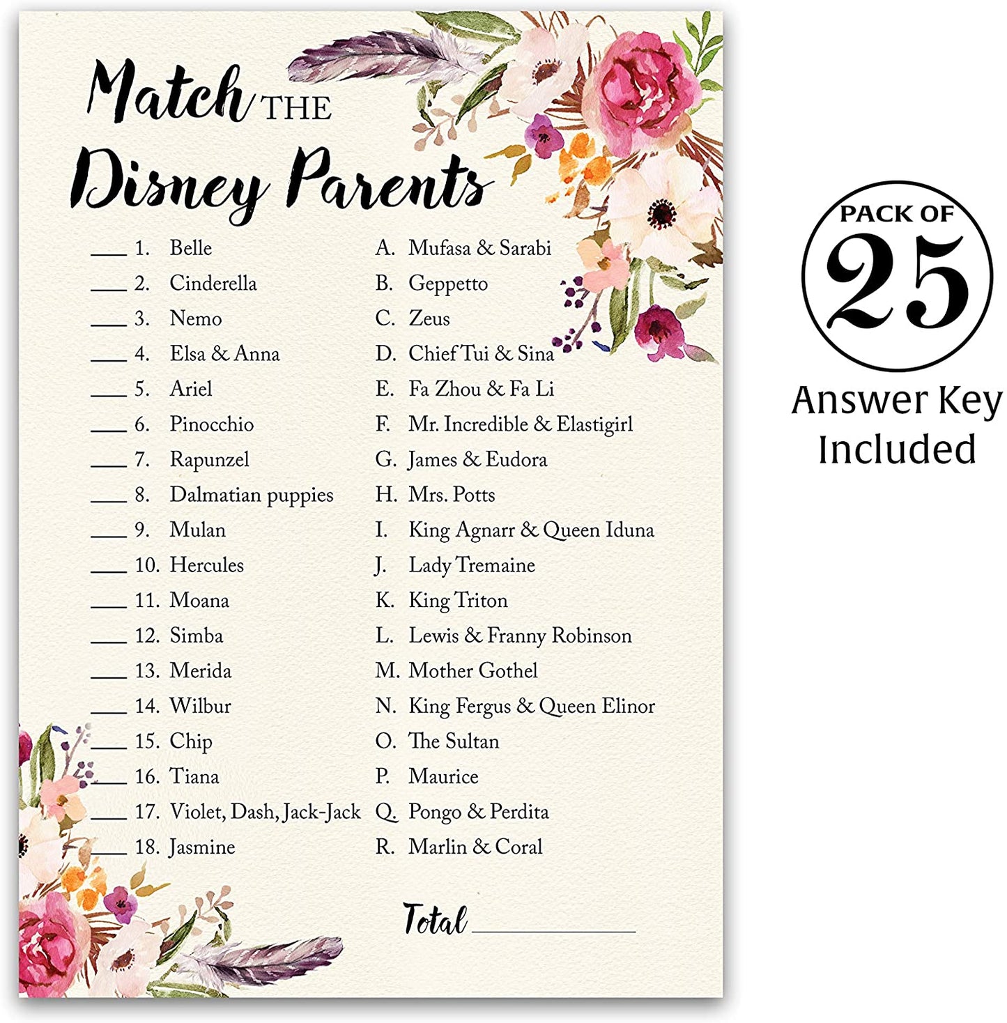 Floral Bohemian Baby Shower Game - Disney Parent Match • SET of 25