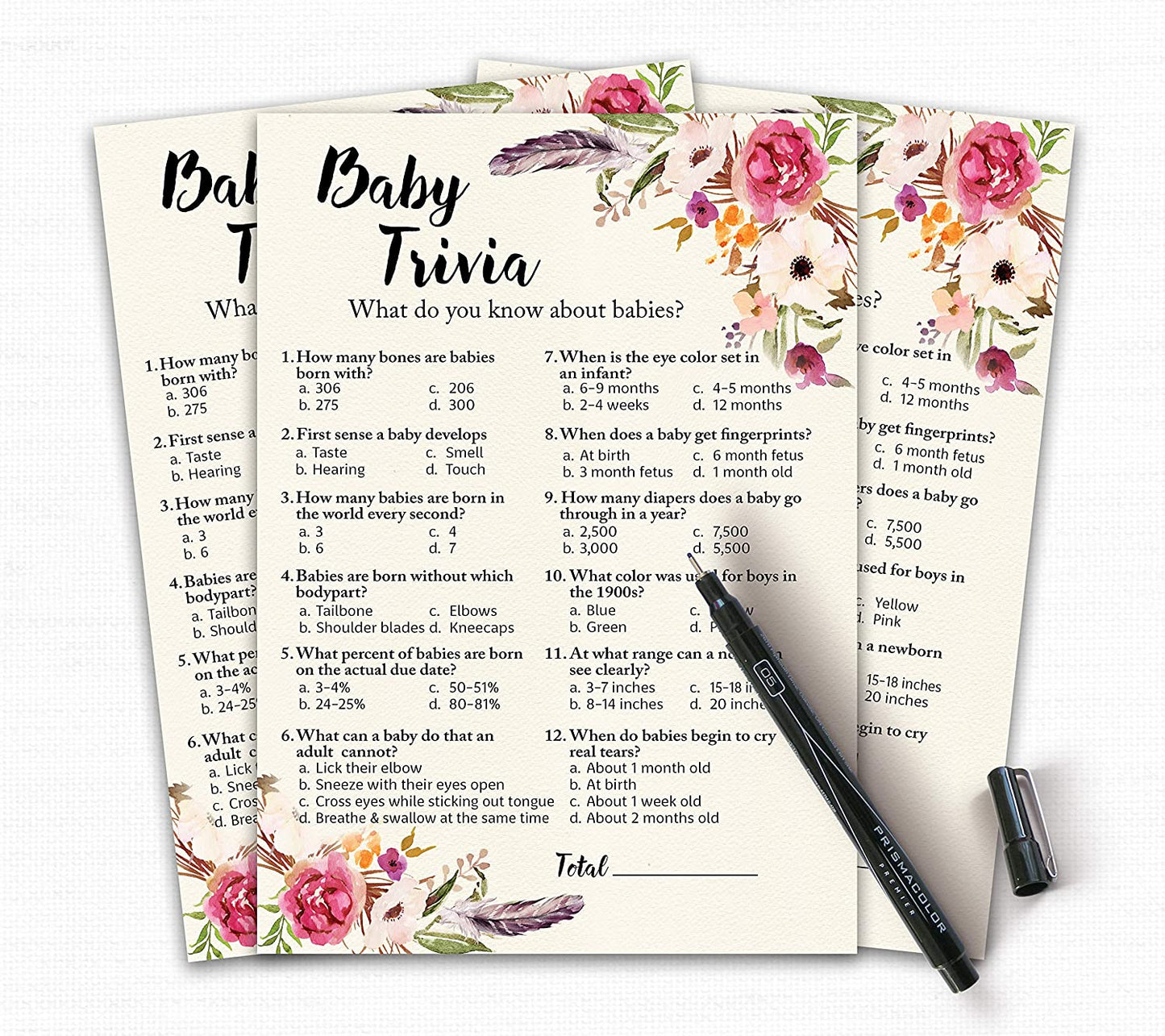 Floral Bohemian Baby Shower Game - Baby Trivia • SET of 25