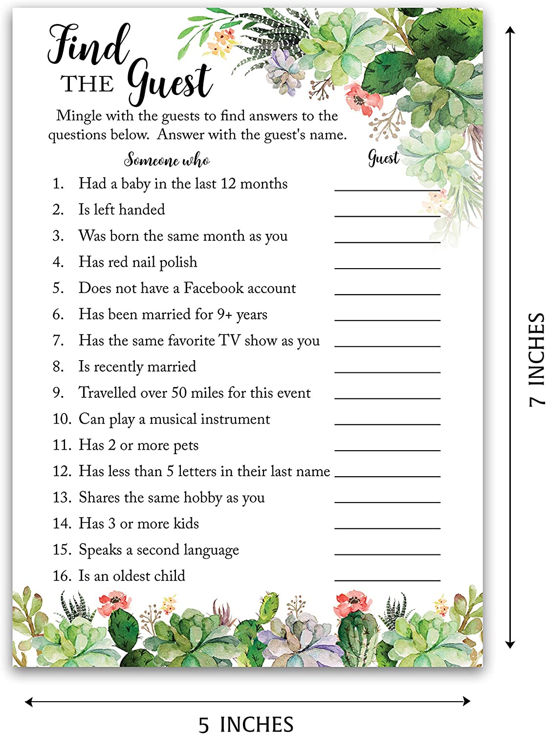 Floral Green Succulents Baby Shower Game - Find The Guest • SET of 25