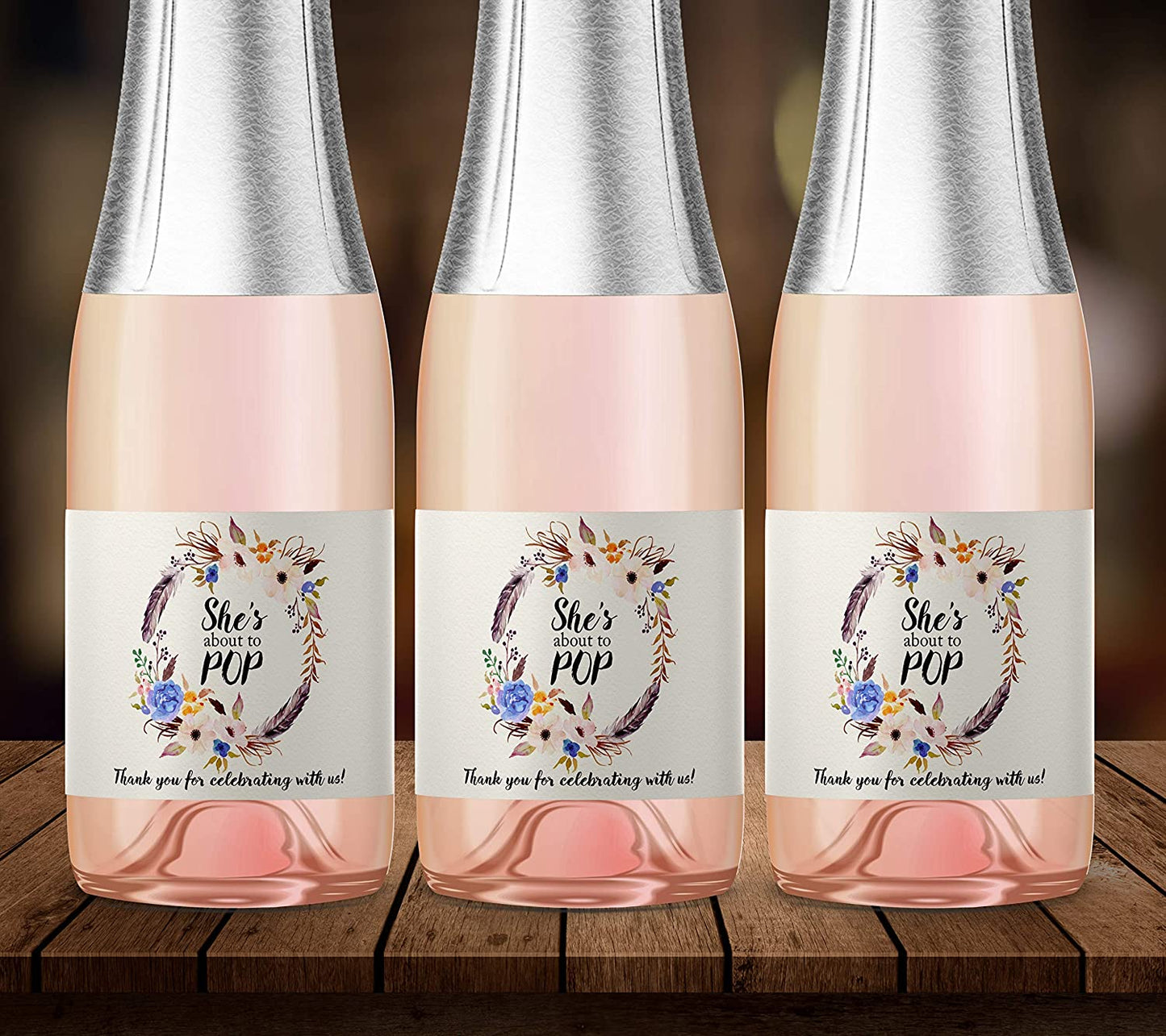 She's Ready To Pop • Bohemian Blue Baby Shower Mini Champagne Labels • SET of 18