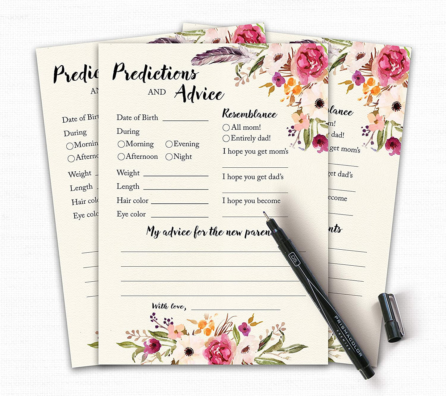 Floral Bohemian Baby Shower Game - Predictions & Advice Cards • SET of 25