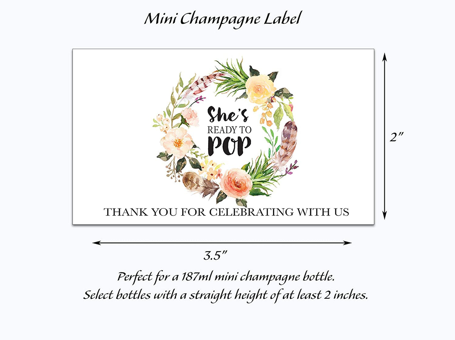 She's Ready To Pop • Bohemian Baby Shower Mini Champagne Labels • SET of 18