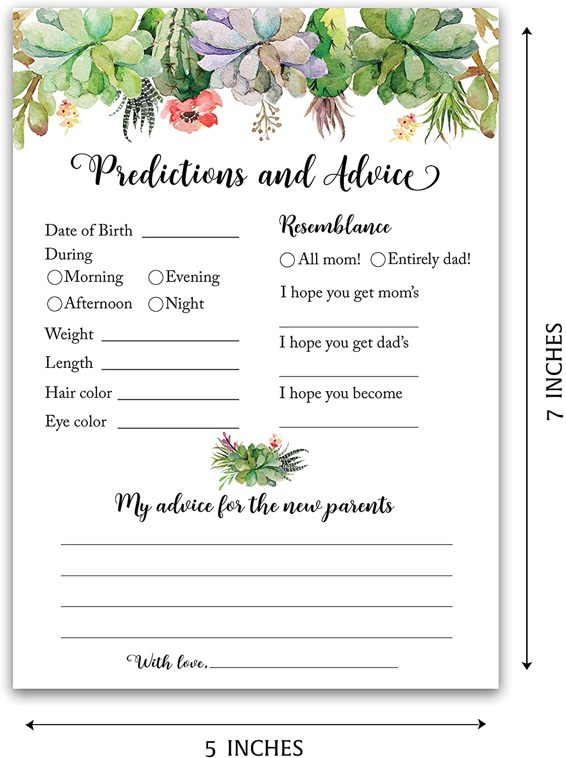 Floral Green Succulents Baby Shower Game - Predictions & Advice For New Parents • SET of 25