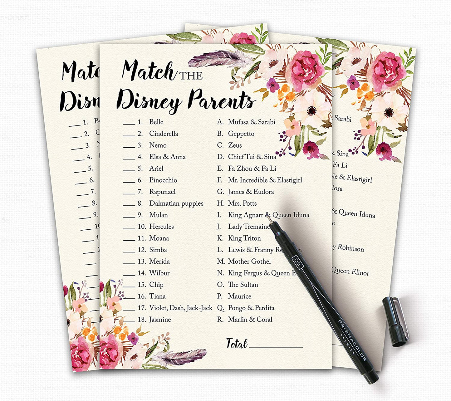 Floral Bohemian Baby Shower Game - Disney Parent Match • SET of 25