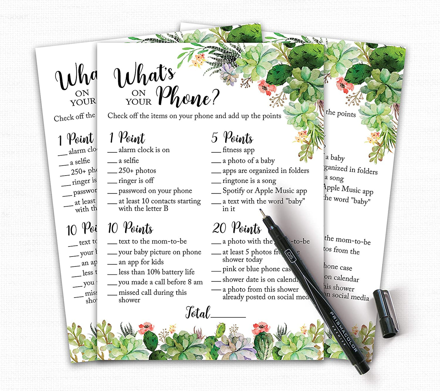 Floral Green Succulents Baby Shower Game - What's On Your Phone • SET of 25