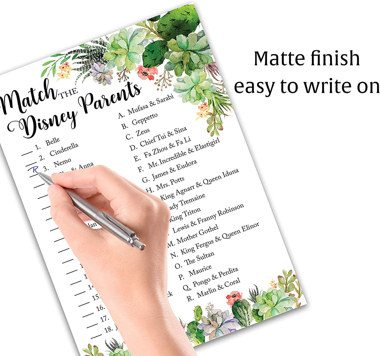 Floral Green Succulents Baby Shower Game - Disney Parent Match • SET of 25