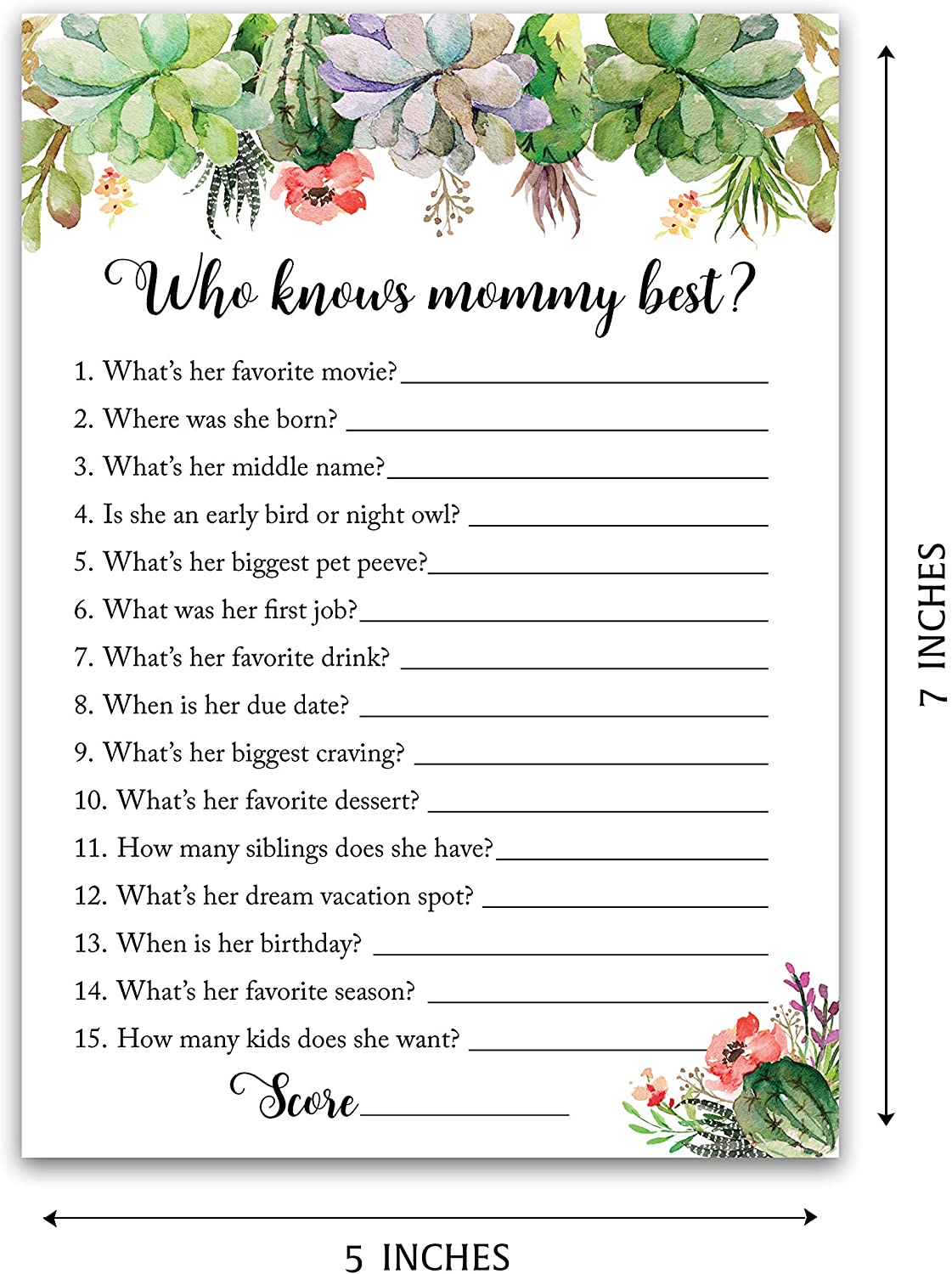 Floral Green Succulents Baby Shower Game - Who Knows Mommy Best • SET of 25