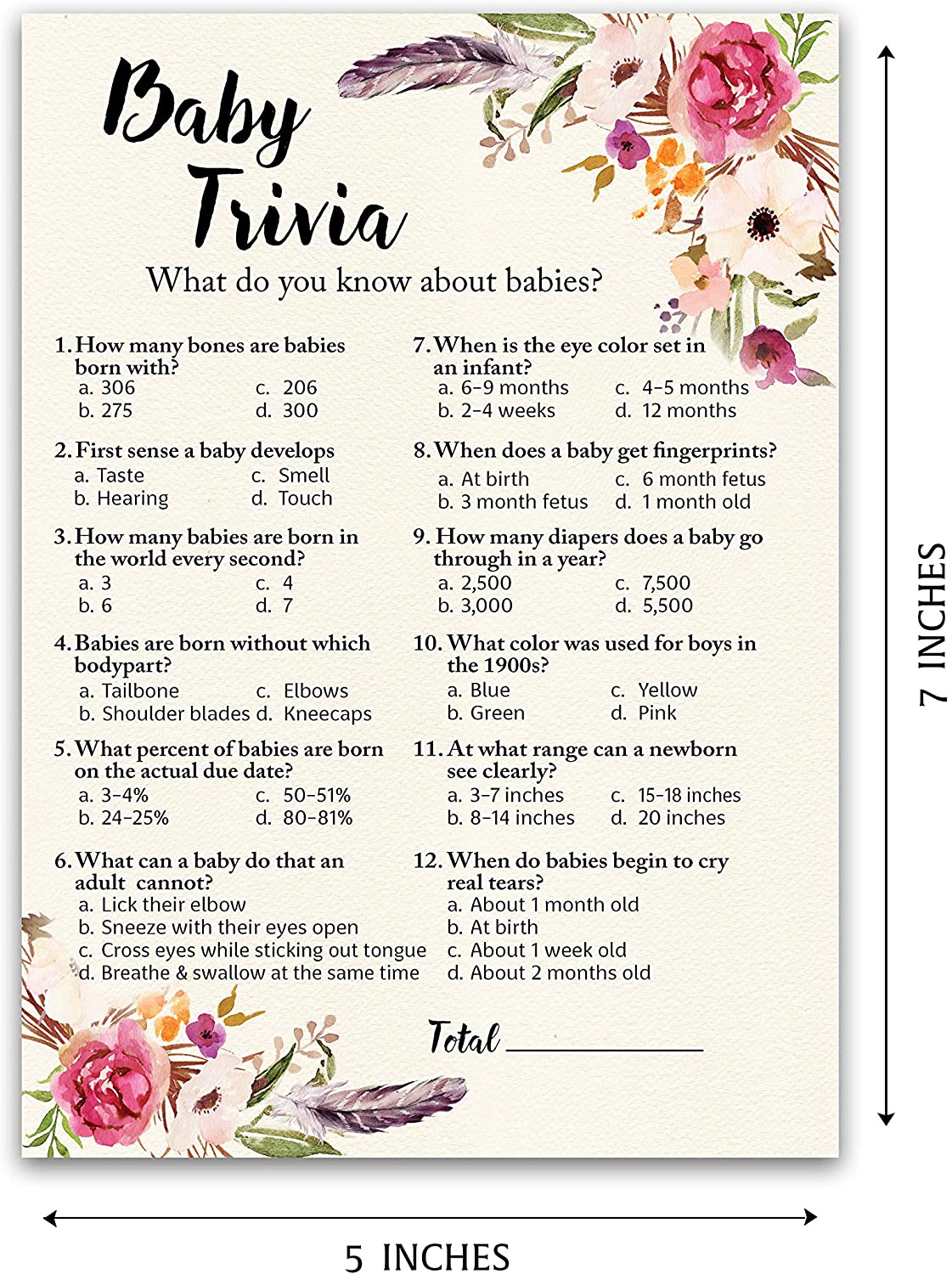 Floral Bohemian Baby Shower Game - Baby Trivia • SET of 25
