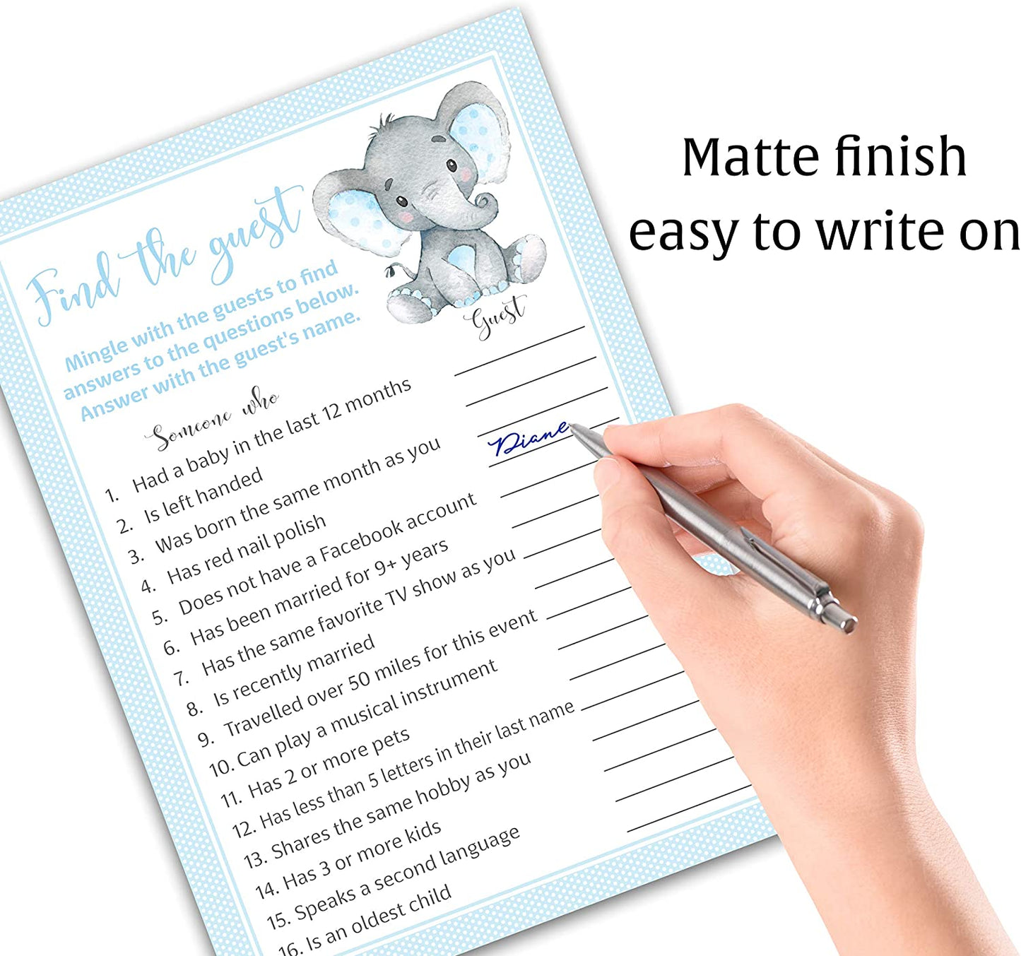 Blue Elephant Baby Shower Game - Find The Guest • SET of 25