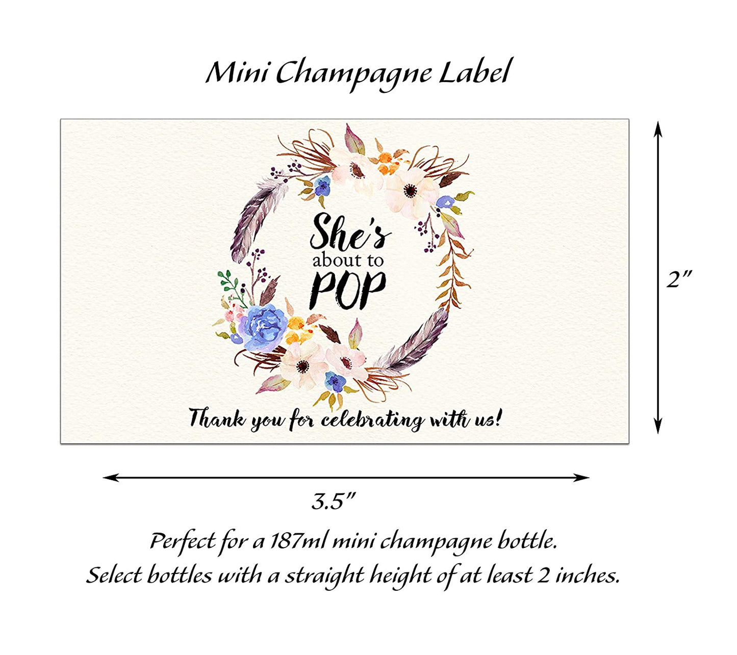 She's Ready To Pop • Bohemian Blue Baby Shower Mini Champagne Labels • SET of 18