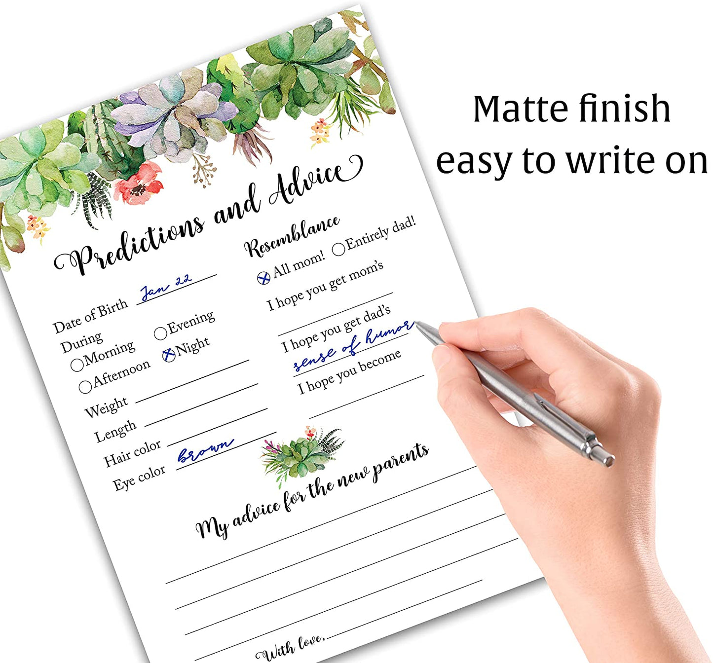 Floral Green Succulents Baby Shower Game - Predictions & Advice For New Parents • SET of 25