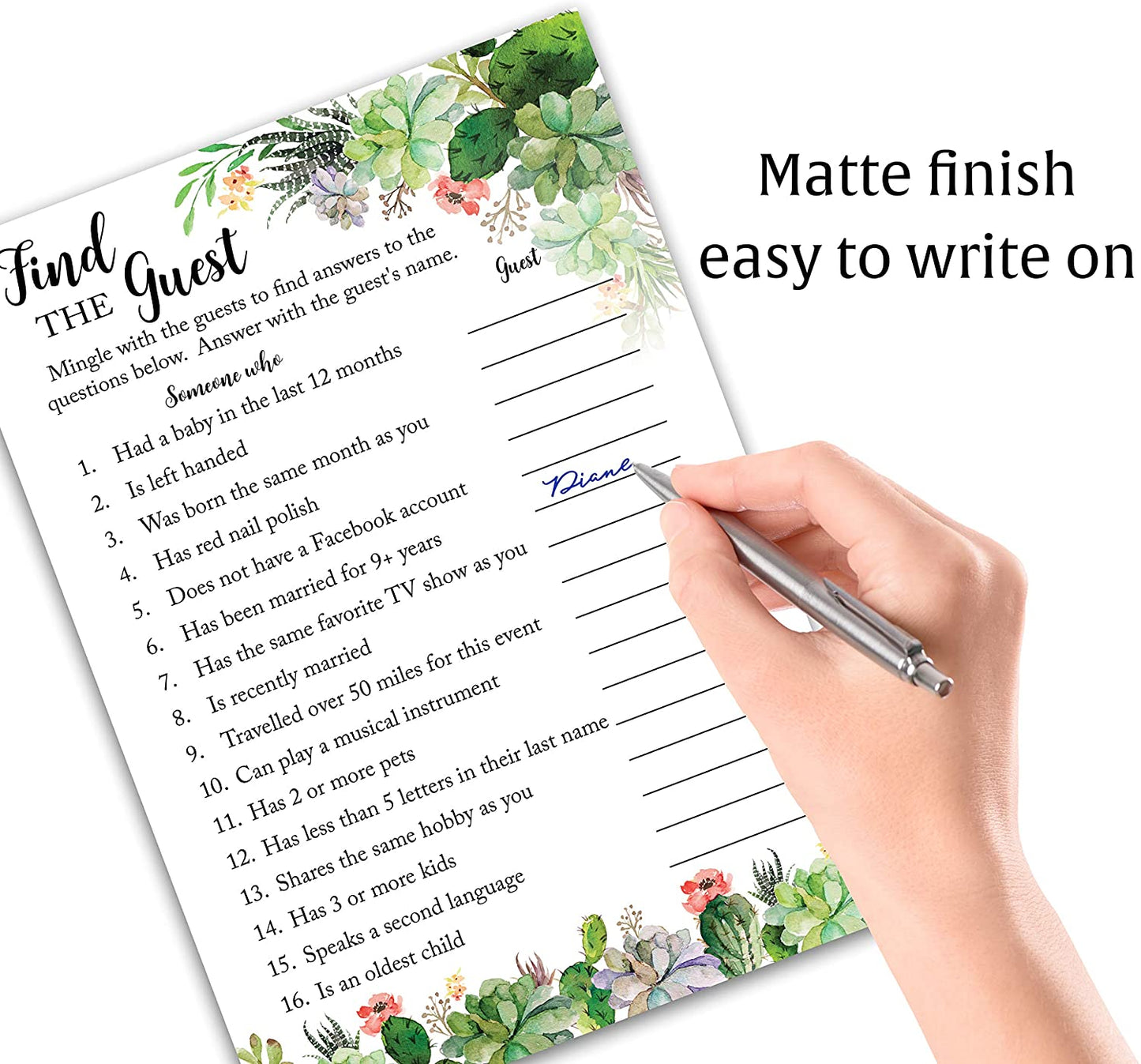 Floral Green Succulents Baby Shower Game - Find The Guest • SET of 25