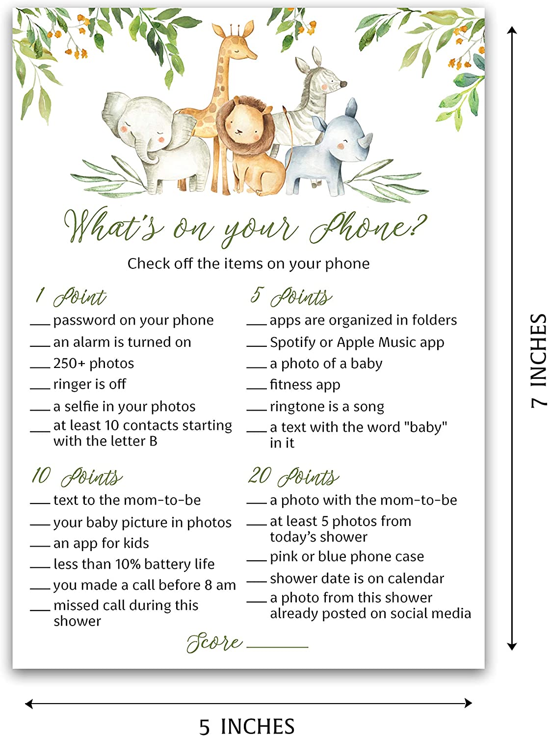 Safari Animals Baby Shower Game - What's On Your Phone • SET of 25