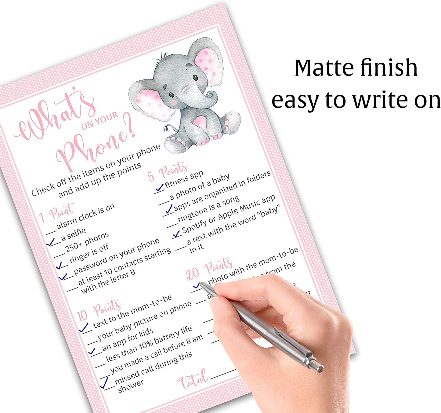 Pink Elephant Baby Shower Game - What's On Your Phone • SET of 25