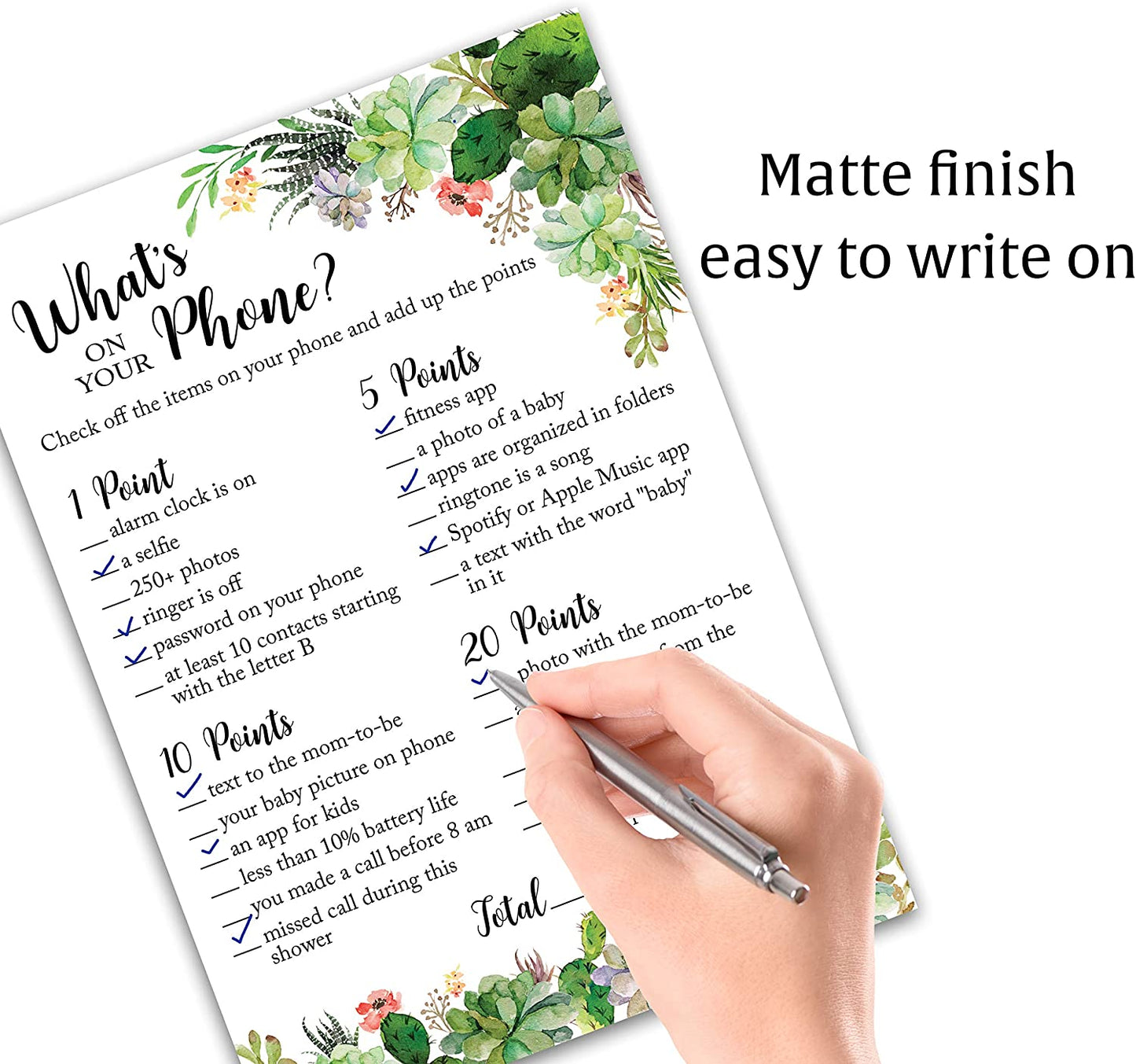 Floral Green Succulents Baby Shower Game - What's On Your Phone • SET of 25
