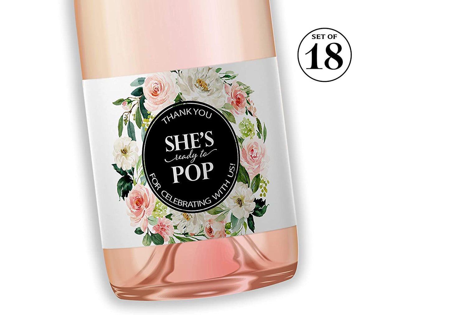 She's Ready To Pop • Blush Rose Baby Shower Mini Champagne Labels • SET of 18