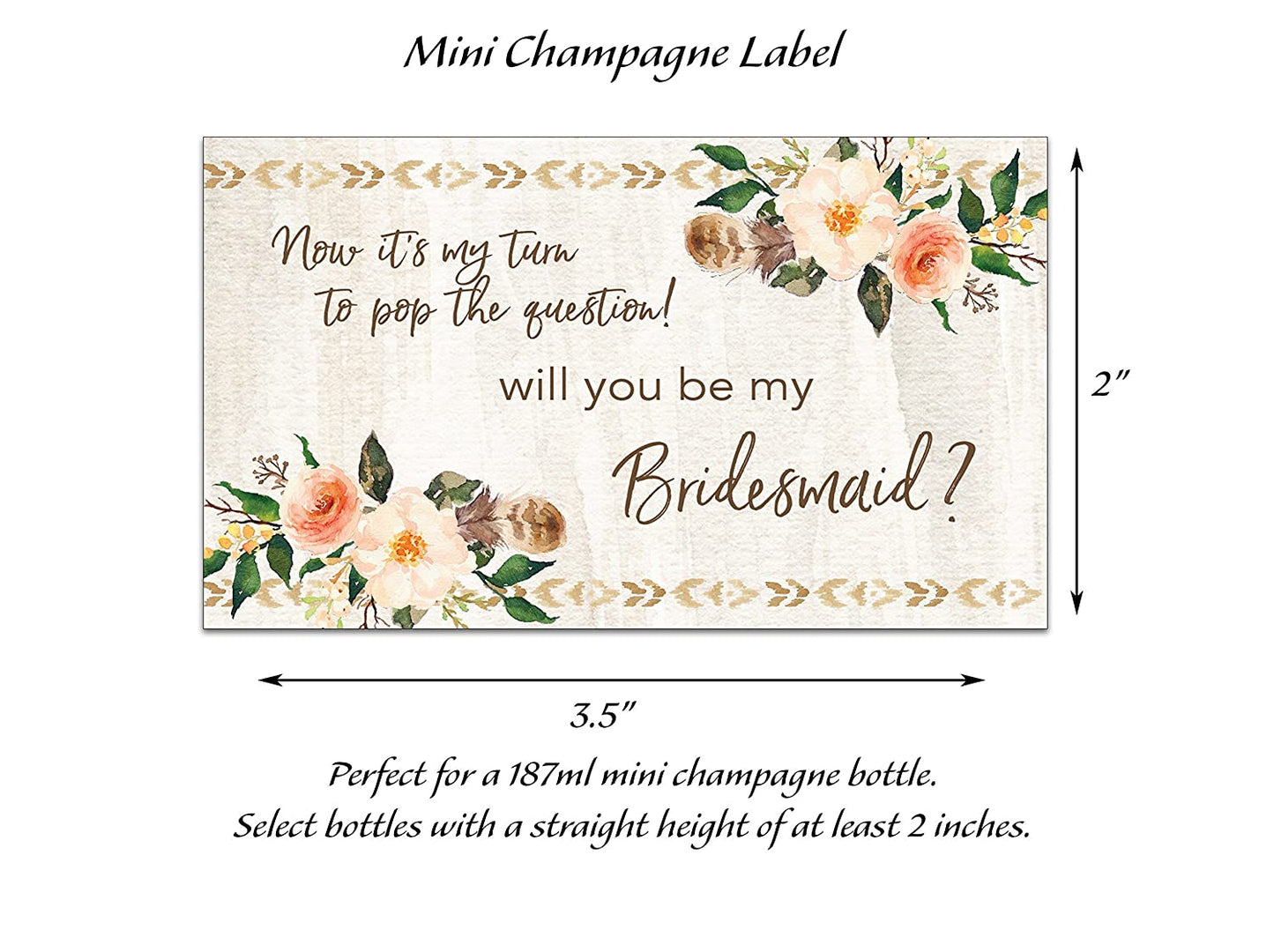 Bohemian Will You Be My Bridesmaid Mini Champagne Labels • Country Feathers Bridesmaid Proposal, Maid / Matron of Honor Ask Rustic • SET of 14
