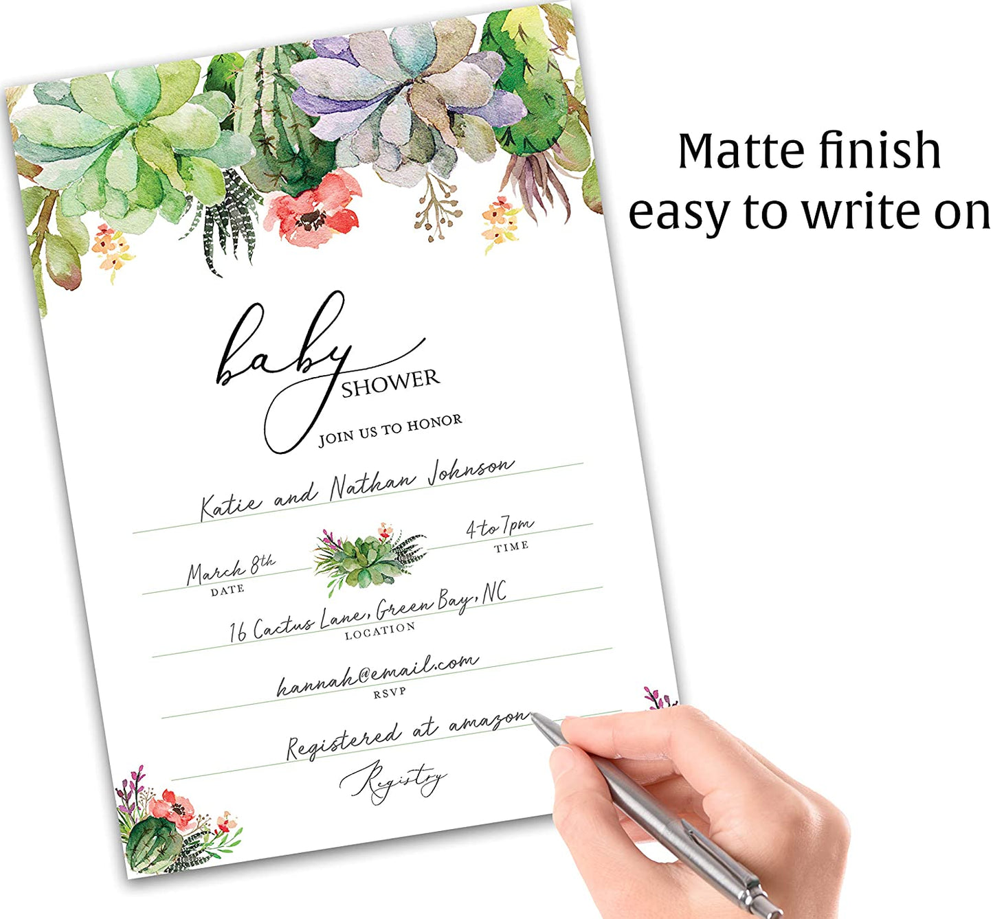 Floral Green Succulents Baby Shower Invitations • SET of 25