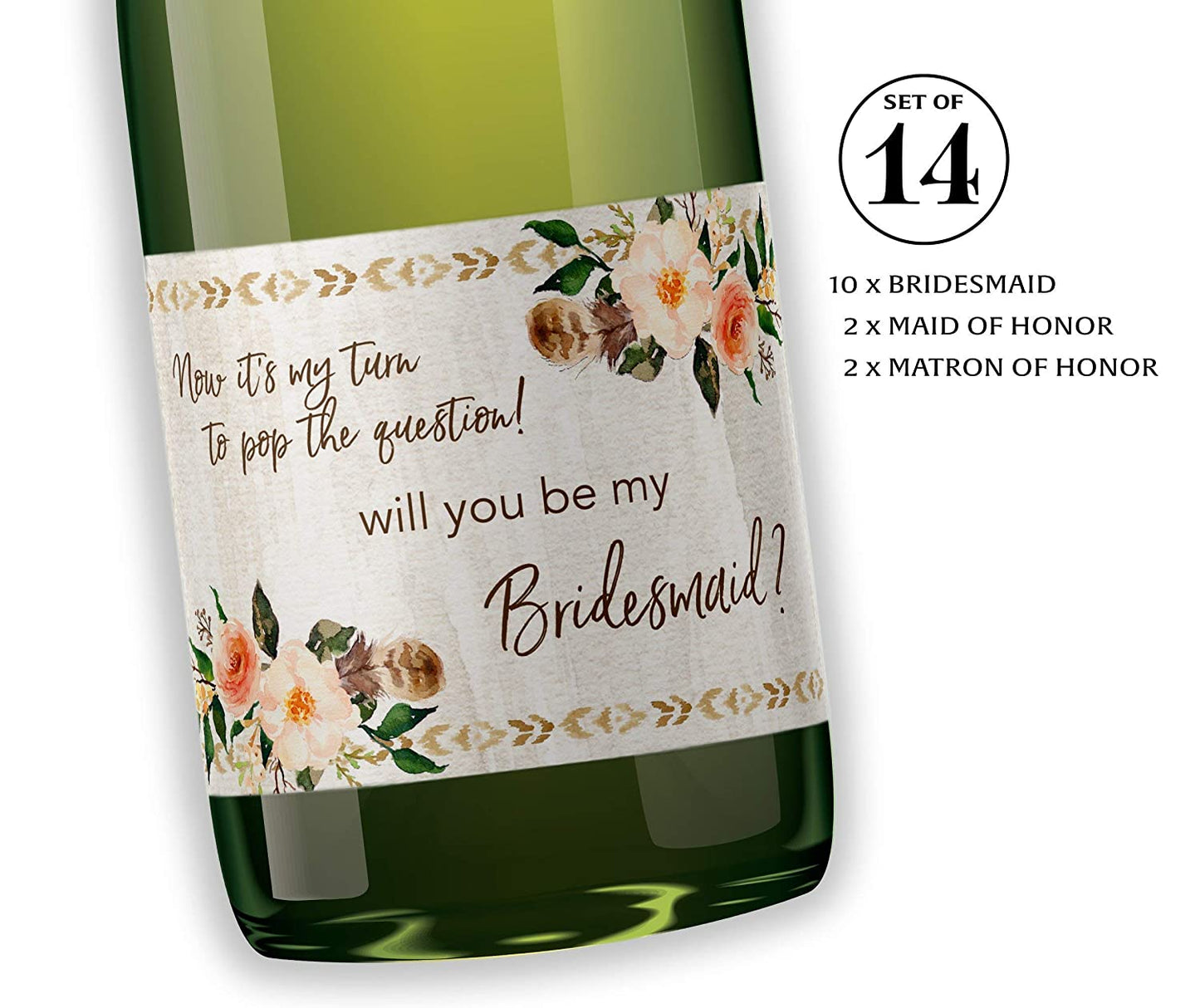 Bohemian Will You Be My Bridesmaid Mini Champagne Labels • Country Feathers Bridesmaid Proposal, Maid / Matron of Honor Ask Rustic • SET of 14