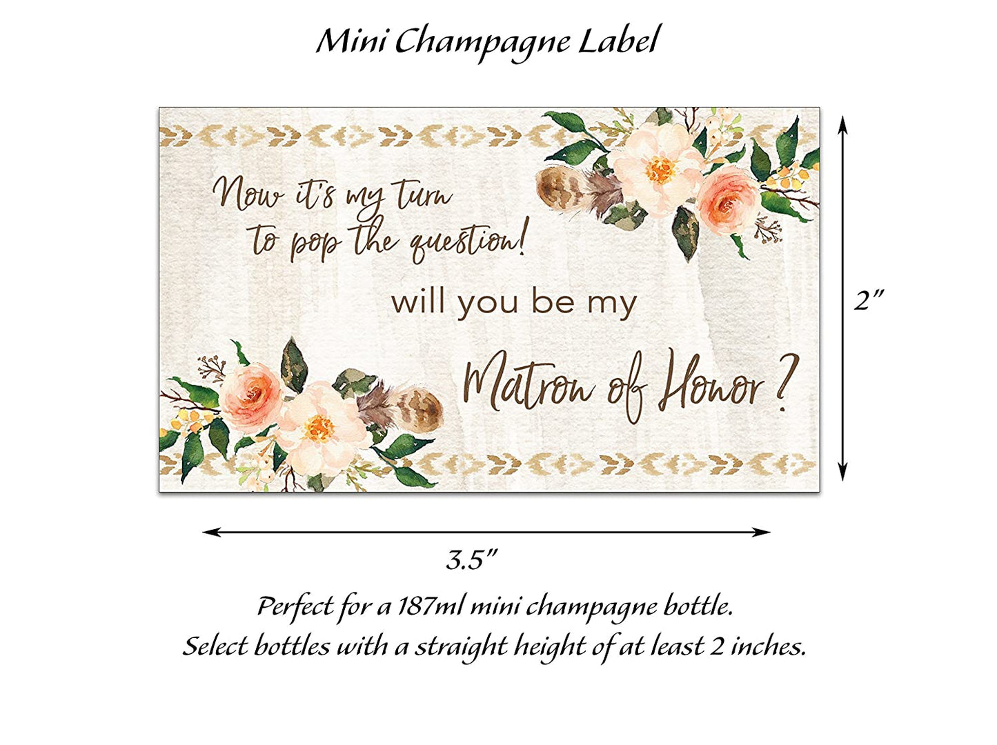 Bohemian Will You Be My Bridesmaid Mini Champagne Labels • Country Feathers Bridesmaid Proposal, Maid / Matron of Honor Ask Rustic • SET of 14