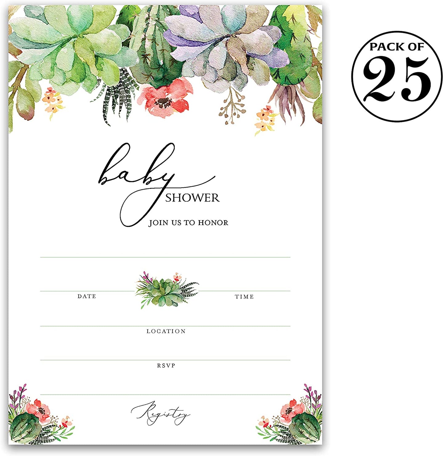 Floral Green Succulents Baby Shower Invitations • SET of 25
